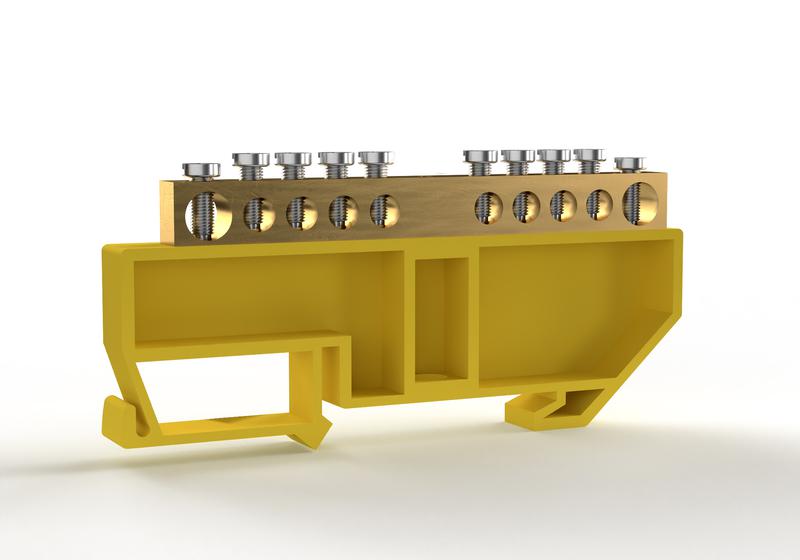 Шина PE земля на DIN-изоляторе 6х9мм 10 отвер. латунь TOKOV ELECTRIC TKE-BCB-69-10-DIN/PE