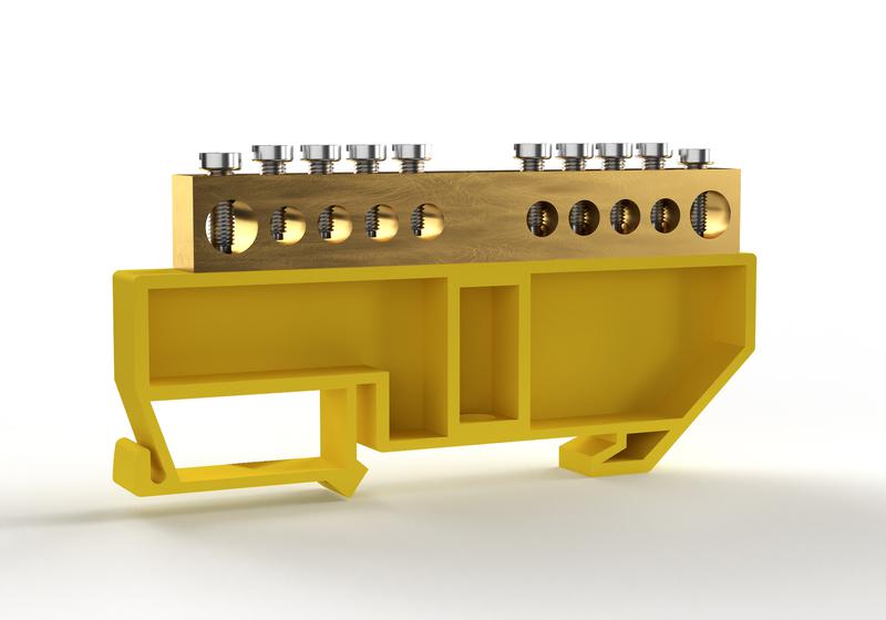 Шина PE земля на DIN-изоляторе 8х12мм 10 отвер. латунь TOKOV ELECTRIC TKE-BCB-812-10-DIN/PE