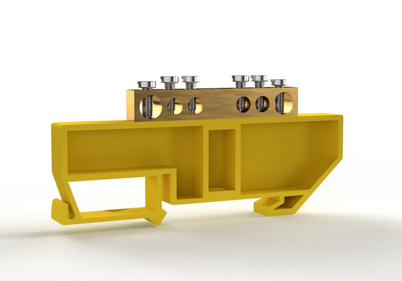 Шина PE земля на DIN-изоляторе 6х9мм 6 отвер. латунь TOKOV ELECTRIC TKE-BCB-69-6-DIN/PE